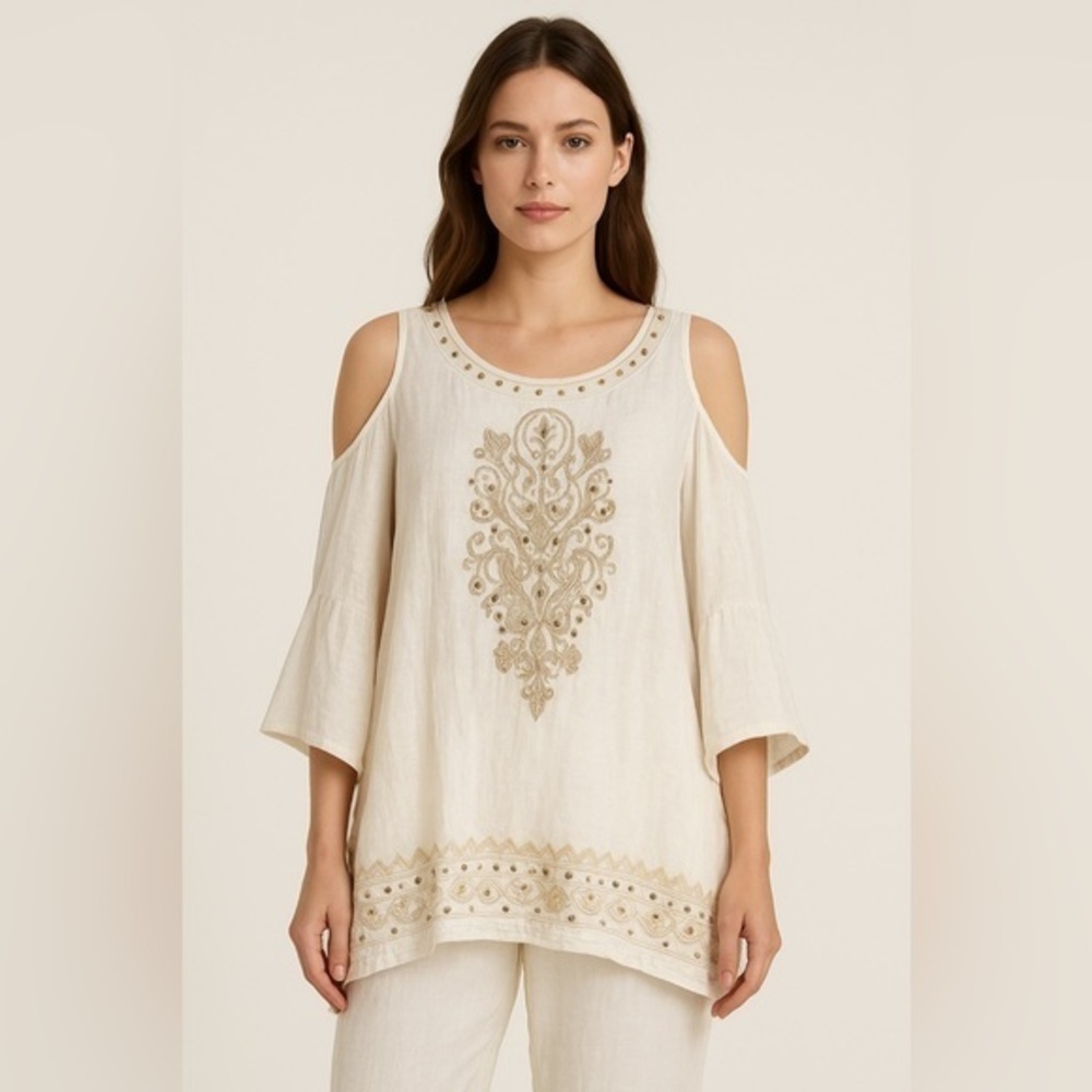 Chicos White Embroidered Cold Shoulder Flutter Sleeve Blouse Size 3/XL EUC #5755